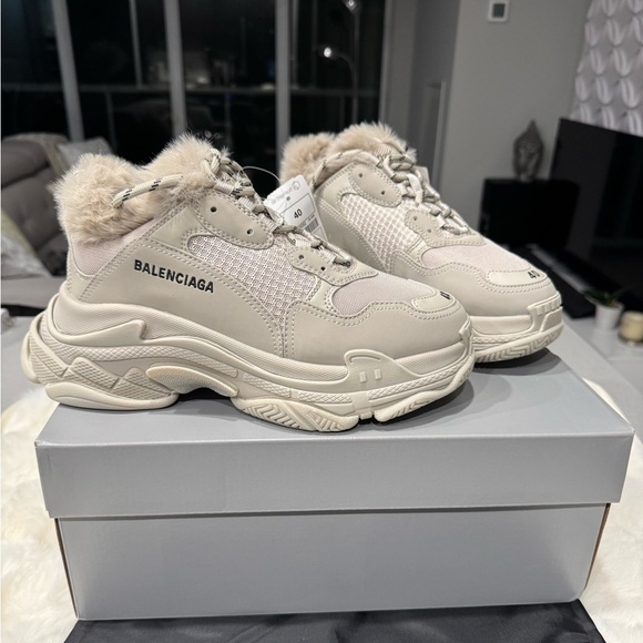 Balenciaga Shoes - BALENCIAGA Triple S Faux-fur Leather Trainers